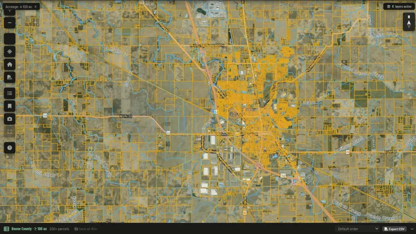 Mapnova over Boone County, Indiana with the filter Acreage ≥ 100 ac applied: every matching parcel highlighted across the county and the results bar reporting 200+ parcels with Export CSV