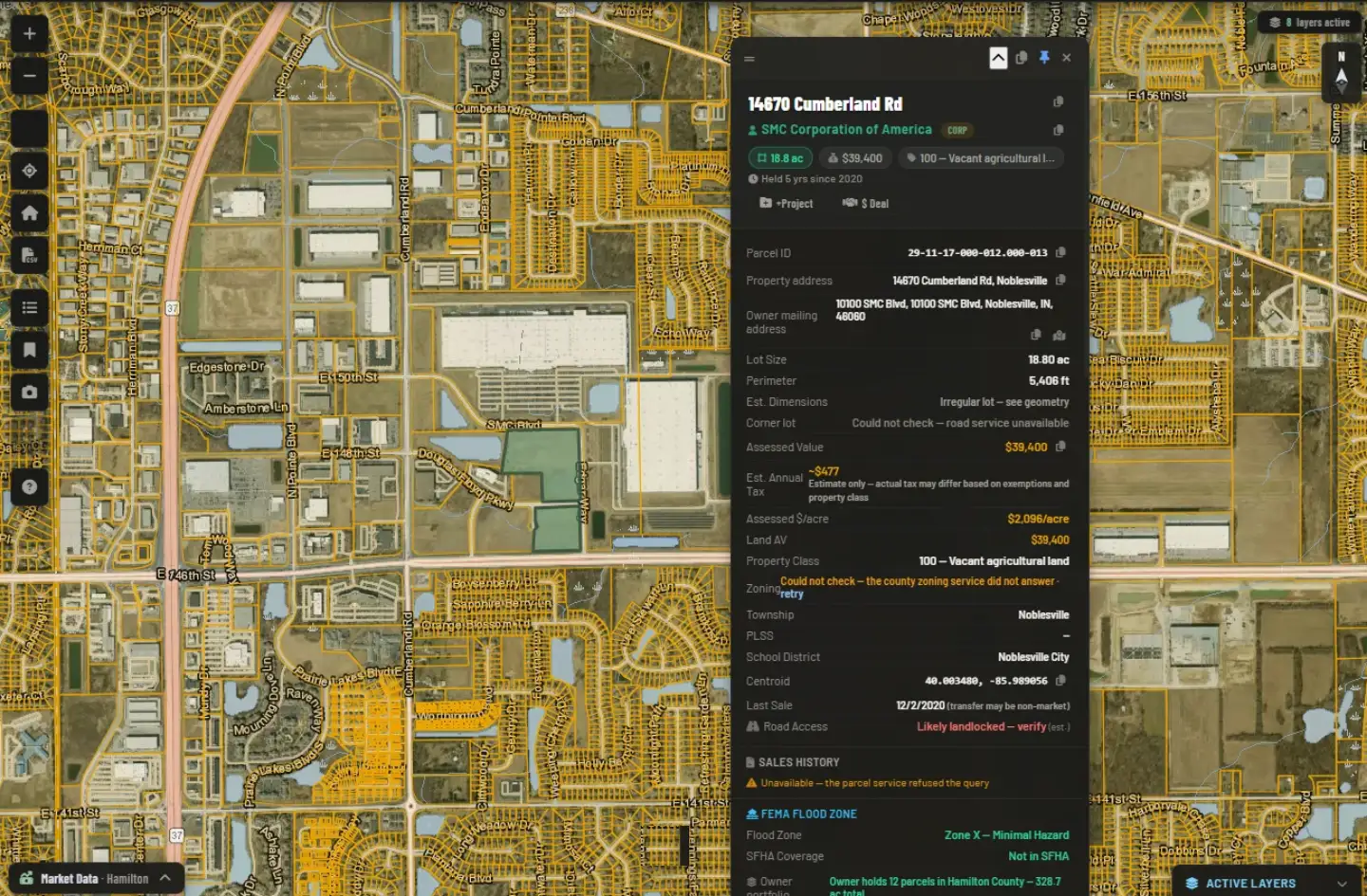 Mapnova over Hamilton County, Indiana: a selected 18.8-acre parcel with its record card — owner of record, parcel id, property and mailing address, lot size, assessed value, estimated tax, property class, township, school district, last sale, road access, sales history and FEMA flood zone